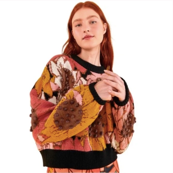 NEW! Farm Rio Sunflower Pom Pom Sweater Size: Medium - Picture 4 of 14